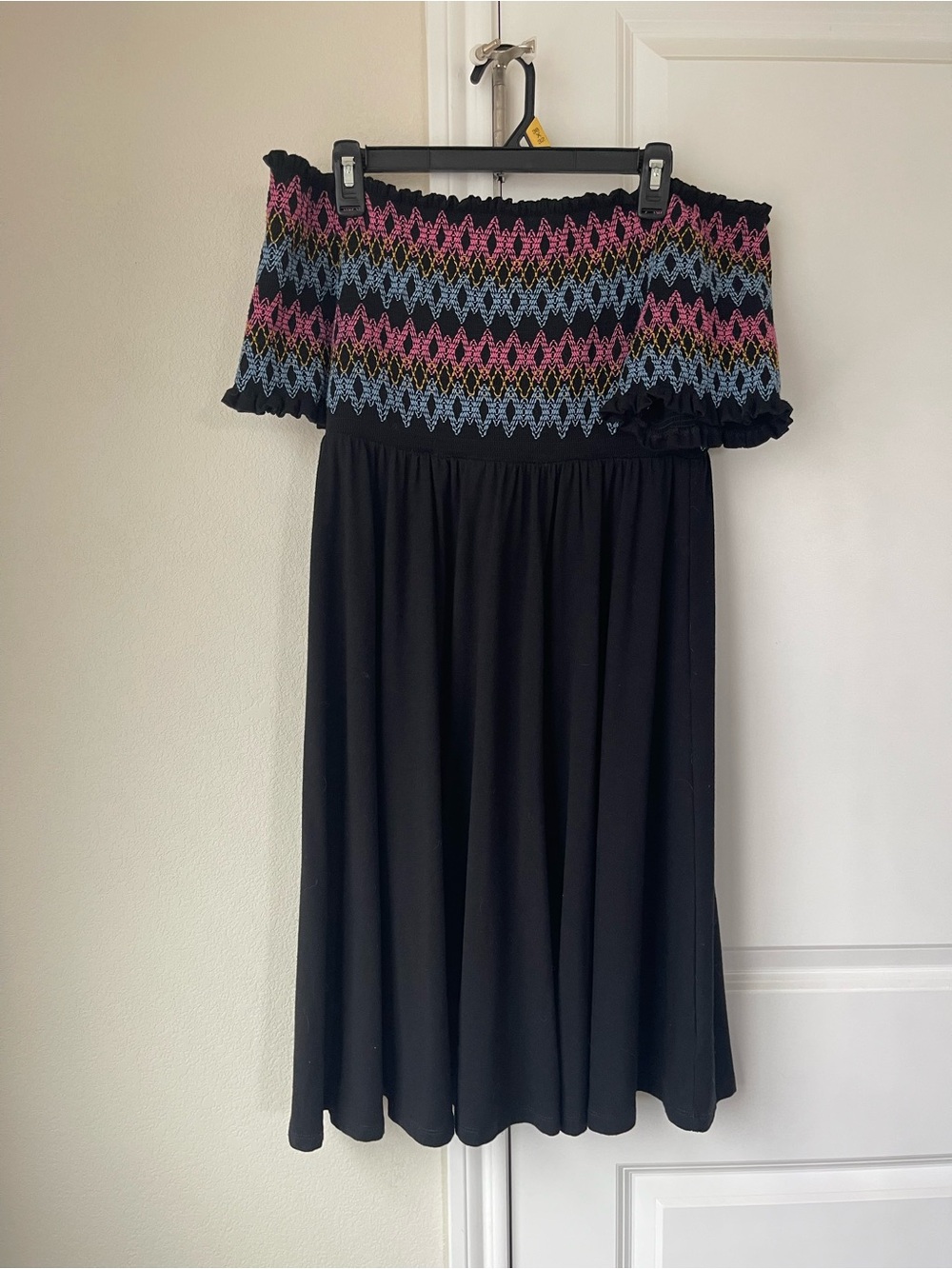 torrid Black Off-Shoulder Dress with Multicolor Smocked Accents